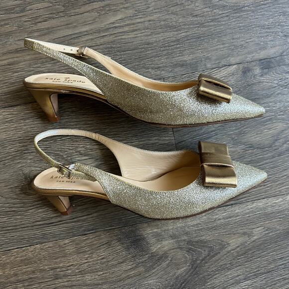 Kate Spade Golden Glitter Bow Pointed Toe Slingback Kitten Heels Size 7 - Picture 6 of 9